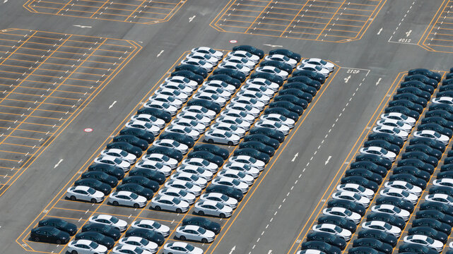 Aerial view of rows of new white and black electric vehicles parked in a large logistics lot at the BYD factory Phananikhom, Rayong, Thailand.