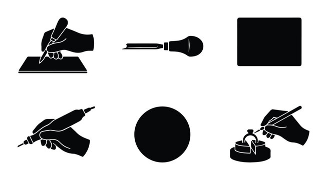 black and white vector illustration of writing tools on white background