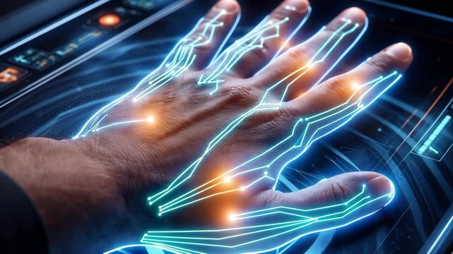 Futuristic biometric identification system scanning a human hand. Visualizing the glowing neural network and circuit pathways for secure access. Representing advanced technology and digital interface