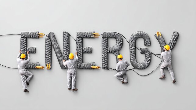 Electricians Arranging Thick Cables to Form the Word Energy on Wall