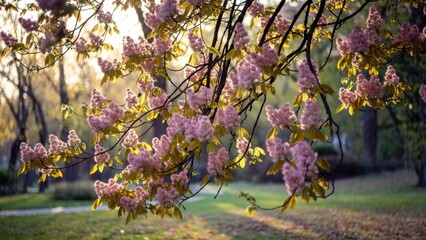 Fototapeta premium Pink blossoms hanging from branch in park during golden hour