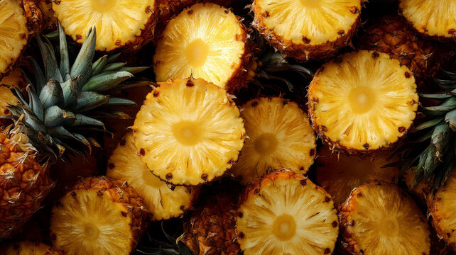 Close-up background of fresh golden pineapple slices, tropical fruit texture with juicy details and green leaves.