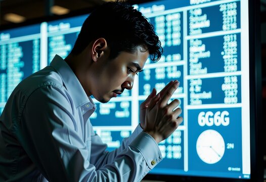 Pensive Businessman Analyzing Stock Market Data on Digital Screens