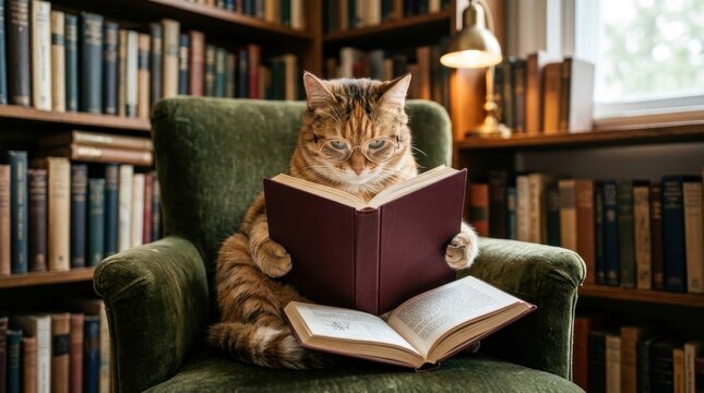 A ginger tabby cat wearing vintage spectacles sitting in a green velvet armchair reading a book inside a cozy home library filled with many antique bookshelves for education