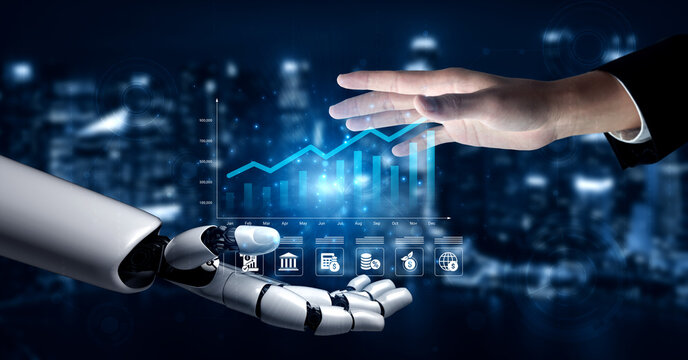 A captivating image showcasing the interaction between a human hand and a robotic arm, emphasizing digital technology with a rising graph and data presentation in a modern city backdrop. Ledger