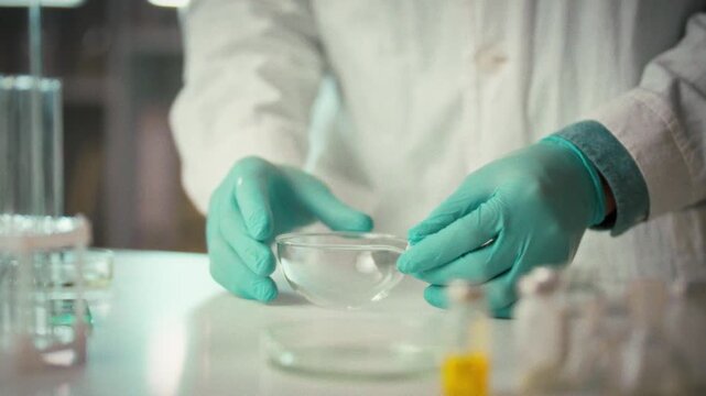 In the lab, a research assistant and a laboratory assistant carefully set up glassware, arranging beakers and flasks for an experiment, handling liquids and reagents with precise attention