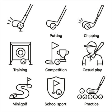 Golf icons for training, competition, mini golf, and school sports
