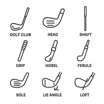 Golf club anatomy icons: head, shaft, grip, hosel, ferule, sole, lie angle, loft