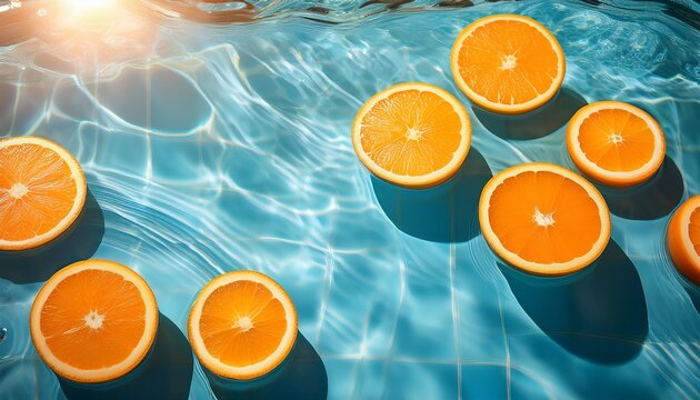 creative summer background with orange slices floating in swimming pool water bright sunlight reflections refreshing tropical wallpaper backdrop with copy space
