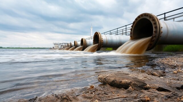 Industrial pipe discharging brown polluted wastewater creating foam in a water body