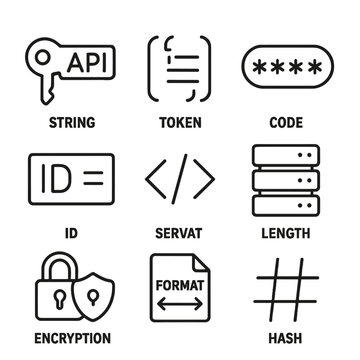 Minimalistic tech icons for api, token, code, encryption, and data security