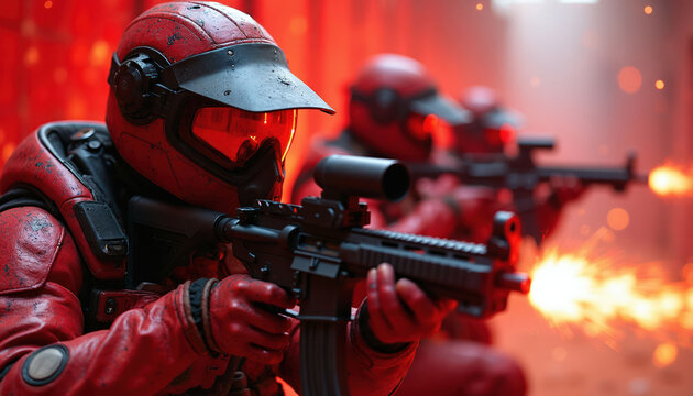 Red clad soldiers in futuristic gear aim assault rifles with muzzle flash. They advance on a red battlefield, smoke and sparks flying around them. Action game players in uniform ready for fight.