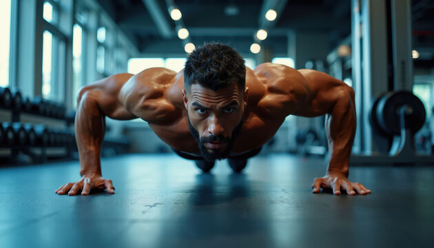Muscular man does pushups on gym floor. Focused athlete trains chest and arms with bodyweight exercise. Strong bodybuilder works out for strength and endurance in modern fitness club.