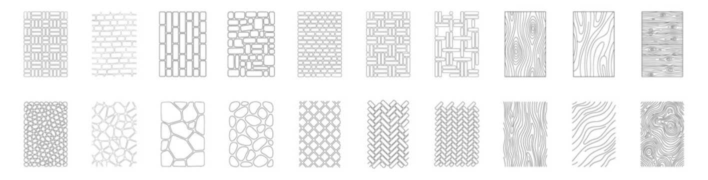 set of seamless stone and wood texture patterns vector illustration on transparent background