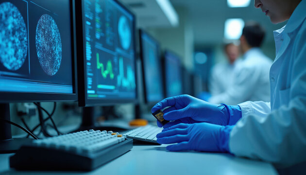 expert in blue gloves holds microSD card near computers displaying data graphs, scientific images. Forensic analyst works in modern lab examining digital information from storage device, pro research.