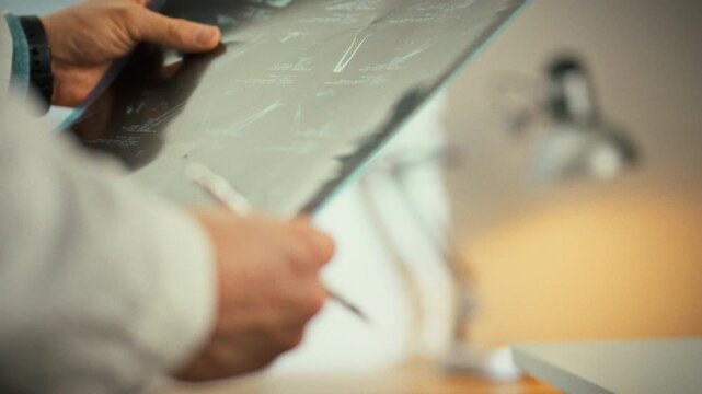 In bright radiology office, specialist doctor carefully holds volumetric MRI film, meticulously reviewing angled images of damaged area to refine the patient's diagnosis and guide the treatment plan