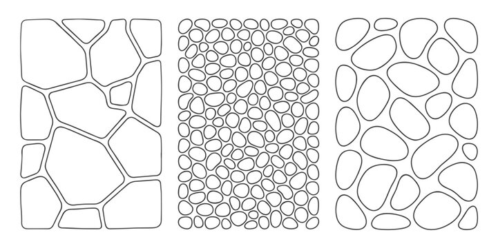 three seamless stone patterns line art vector set on transparent background