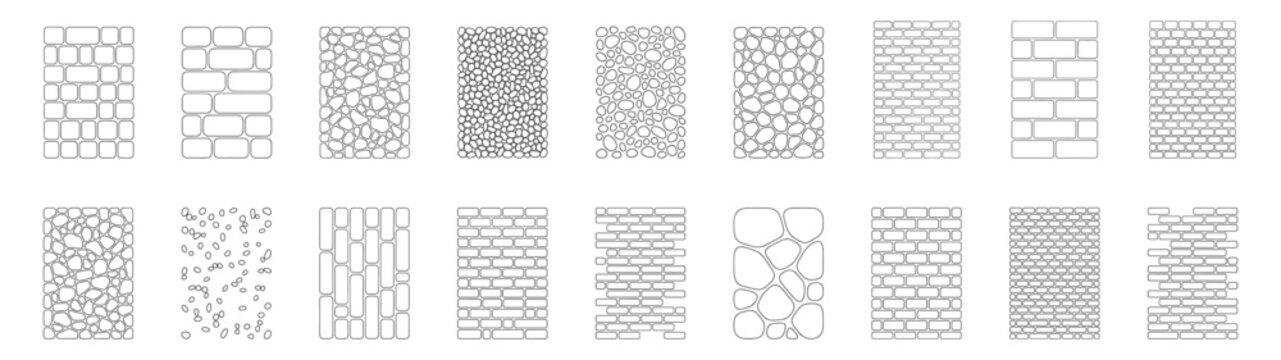 set of various black and white stone and brick wall patterns line art vector illustration on transparent background