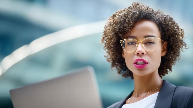 Focused Professional: An african american woman, exuding confidence and poise, intently gazes toward the camera while holding a laptop, set against an out-of-focus background of modern architecture.