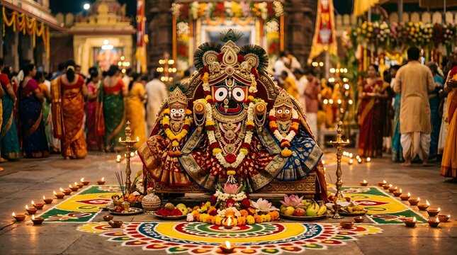 Lord Jagannath with Balabhadra and Subhadra on a decorated altar during Rath Yatra. Vibrant temple scene with traditional Rangoli, oil lamps, and devotees in the background of Puri celebration