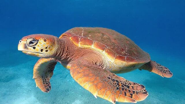 Oceanic Voyager: A sea turtle gracefully navigates the depths of the ocean, its form bathed in the serene blues of its underwater home. A majestic sight of tranquility and ecological beauty.