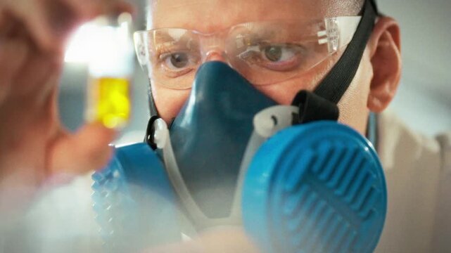 Inside research laboratory, lab assistant in protective respirator and safety glasses closely inspects test tube filled with a vivid liquid, highlighting precise analysis and strict safety protocols