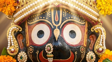 Fototapeta premium Extreme close-up of Lord Jagannath deity with intricate jewelry and vibrant traditional markings. Perfect for Rath Yatra festival, Indian spirituality, and Hindu religious cultural content