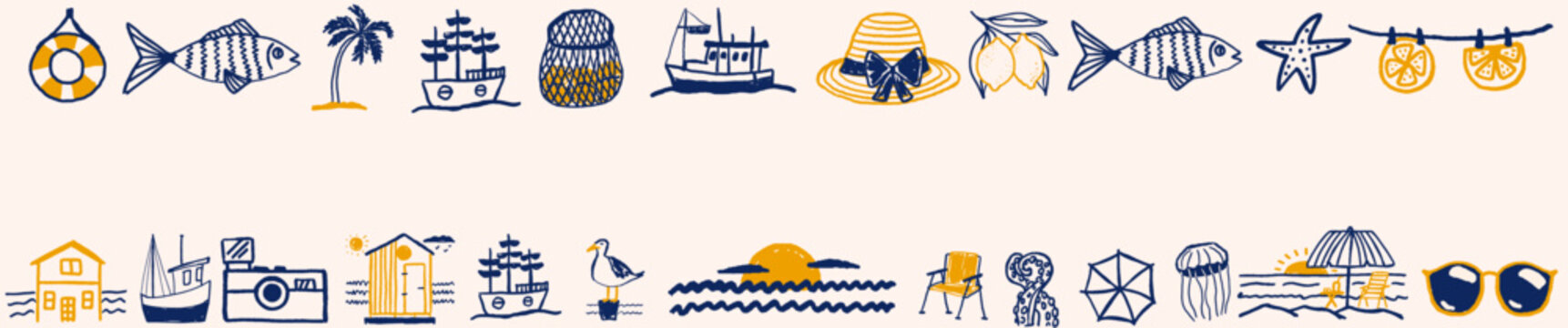 Hand-drawn summer doodle banner. Horizontal border nautical marine frame with boat, fish, beach hut, lemons, sun  and camera. Travel illustrations with empty space