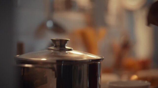 A man gently closes a boiling pan with a transparent glass lid, allowing the cooking process to continue slowly and evenly, preserving heat