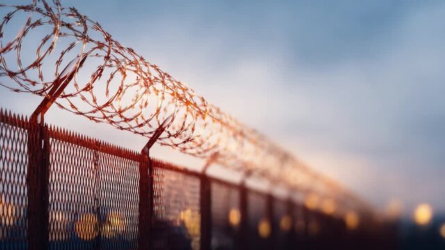 Barbed Wire Security: A close-up shot of a chain-link fence topped with razor wire, symbolizing security and the concept of confinement, set against a blurred background.