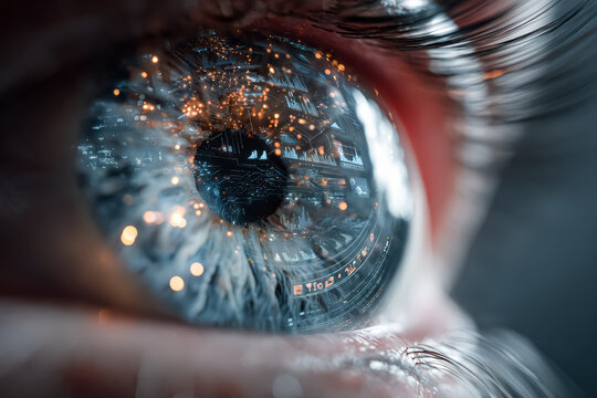 A close up of an eye reflecting digital data, symbolizing the fusion of technology and healthcare in modern medicine.