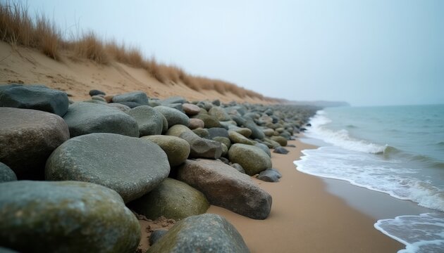 Grey stones on sandy beach with tall dry grass behind. Gentle ocean waves lap the shore under an overcast sky. Coastal area with natural rocks forming a protective line against the sea.