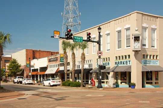 Ryan Street lined with commercial buildings and some cars in downtown Lake Charles, Louisiana on September 1, 2025