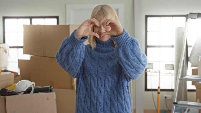 Woman forming a heart with hands over stacked moving boxes, ladder and worklights inside a building during a home move; joy new beginnings.