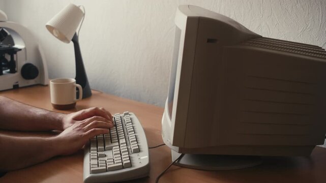 Retro pc computer gaming, Desktop vintage with loading code console, programmer making scripts, green basic screen, Old computer studio close-up, retro wave display, late 90s PC.