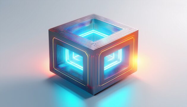 abstract geometric cube with glowing light on a white background with copy space text for technology design and futuristic