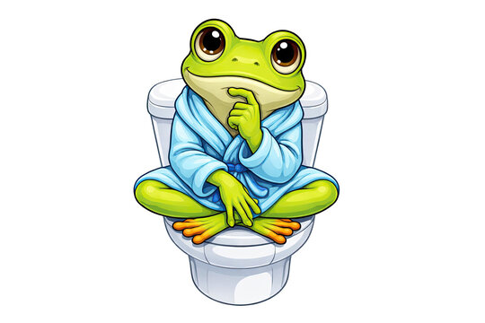 Funny green frog wearing a blue bathrobe sitting on a toilet seat, cute cartoon character illustration isolated on white background, whimsical animal vector artwork for creative design projects.