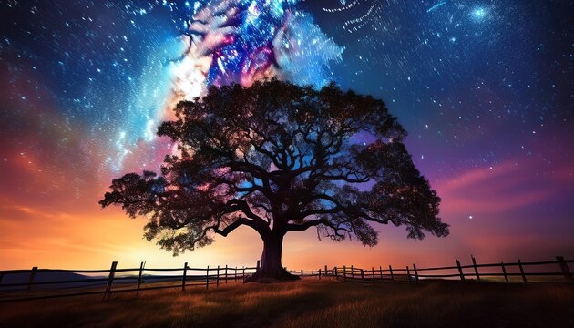a lone oak tree silhouetted against a magnificent night sky filled with a stunning milky way galaxy and colorful nebulae the tree stands in a rural field with a fence in the foreground