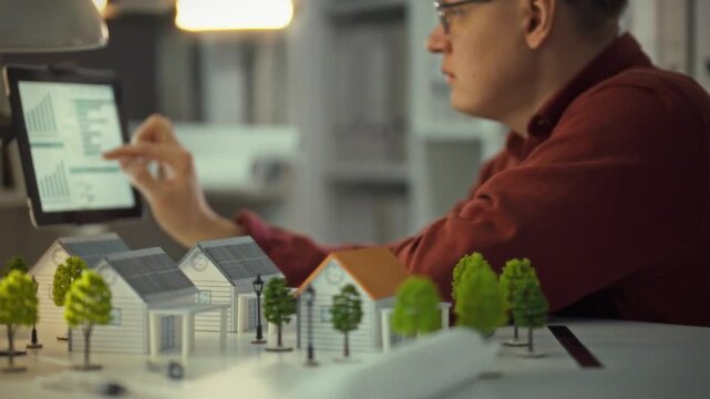 An engineer utilizes a digital tablet, holding its screen to design with wireless gadget efficiency, amidst model homes with solar panels, showcasing innovative packaging solutions