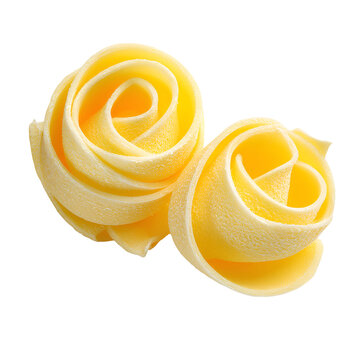 Fresh lemon zest pasta curls on white background for culinary advertising