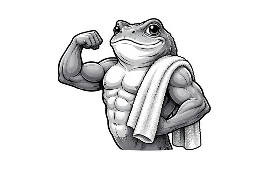 Muscular toad athlete flexing biceps with a gym towel, isolated on white background. Illustration of a funny fitness frog character design, great for gym branding, mascot, or sports related art.