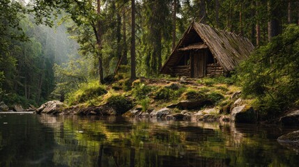 Obraz premium Rustic cabin nestled by calm water in a lush green forest landscape