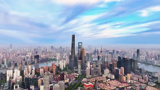 Aerial panorama of Shanghai Pudong skyline at sunset
