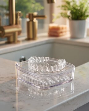 Clear dental aligner with cleaning tablets in transparent case on marble counter