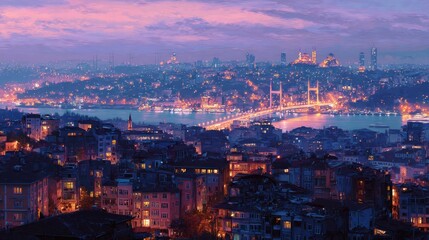 Fototapeta premium Nighttime cityscape with bridge over water and illuminated buildings
