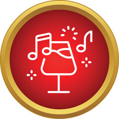 Naklejka premium Glass of wine with musical notes and sparkles on a red circular background with gold border