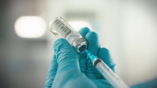 A medical professionals hands, clad in protective nitrile gloves, meticulously prepare a syringe by inserting the needle into a sealed medicine vial in a hospital healthcare setting