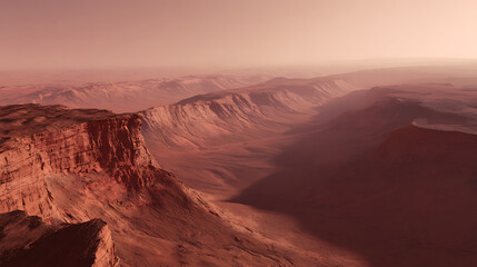 Naklejka premium Dramatic Red Canyon Landscape on an Arid Planet with Vast Vistas and Rugged Terraces Under a Hazy, Distant Sky, Evoking Cosmic Wonder