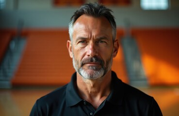 Obraz premium Mature man with grey hair and beard, wearing black polo shirt, stands in gym. Focused look, warm light highlights face. Background shows blurred orange bleachers, suggesting sport coaching.
