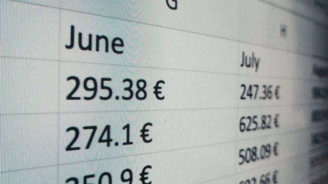 Close-up of financial cash flow data on PC screen. Mortgage payment sheet schedule. Loan fee